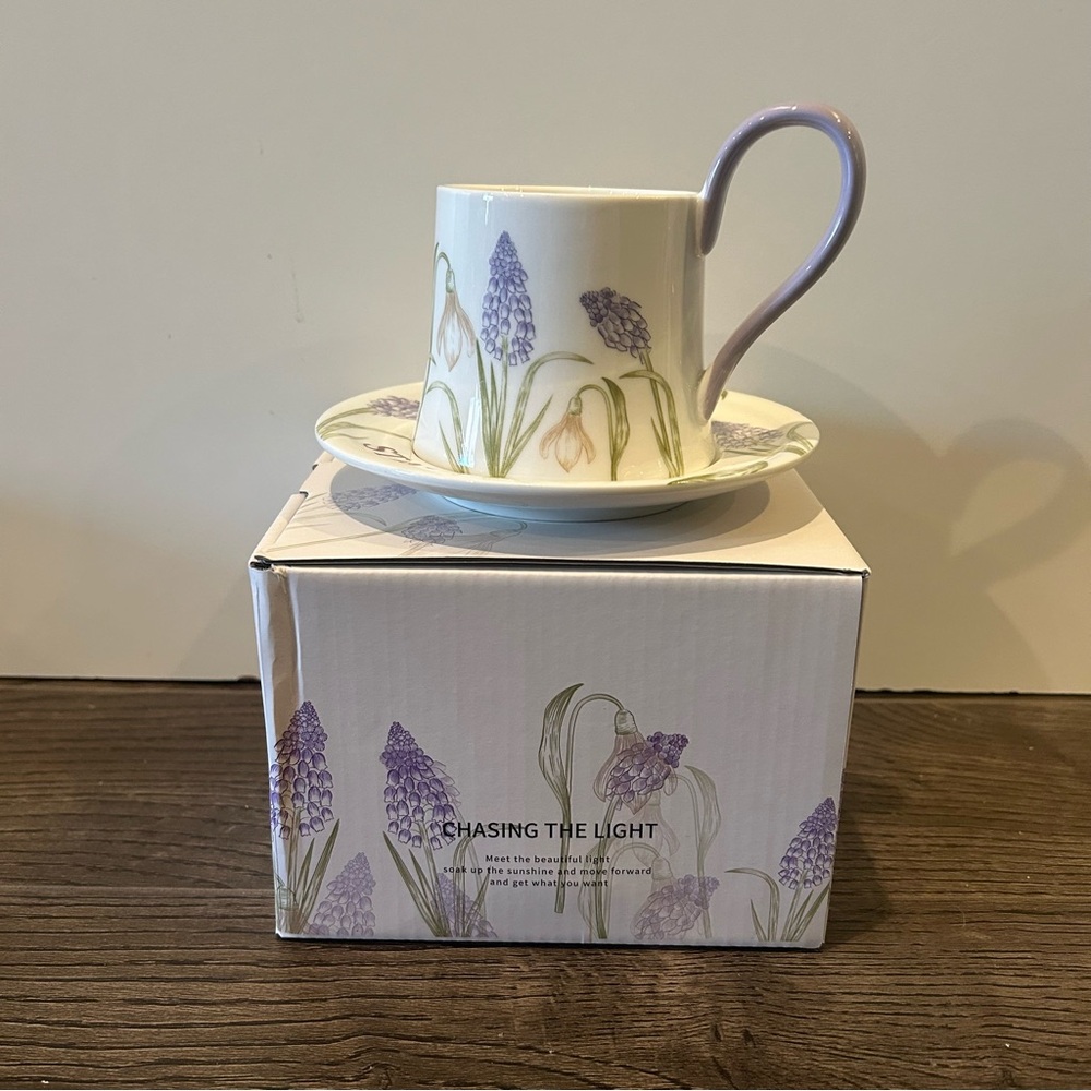 Floral Mug and Saucer Set with Purple Accents with box